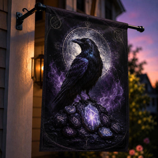 Raven Rune Stones house flag displayed outdoors on a garden flag stand