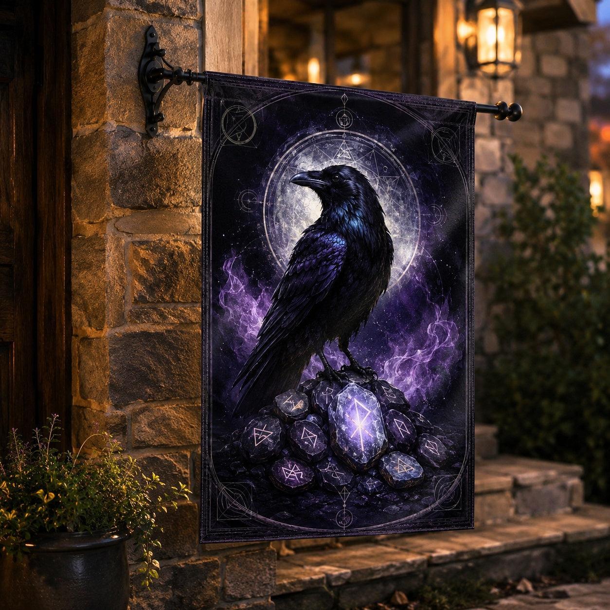 Close-up of Raven Rune Stones house flag showing raven and rune artwork