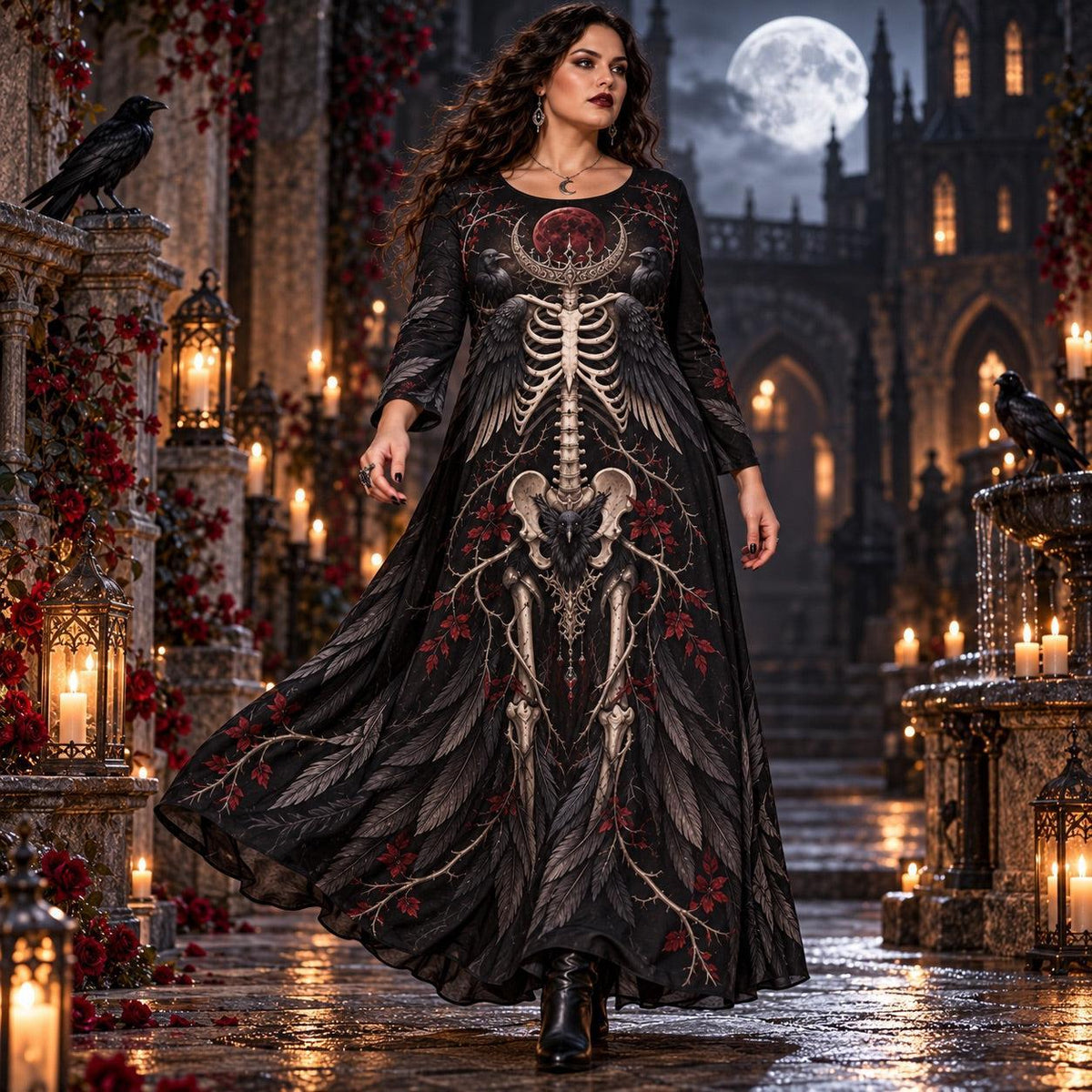 Raven Skeleton Plus Size Pagan Dress – Blood Moon Long Sleeve Maxi – worn, in motion