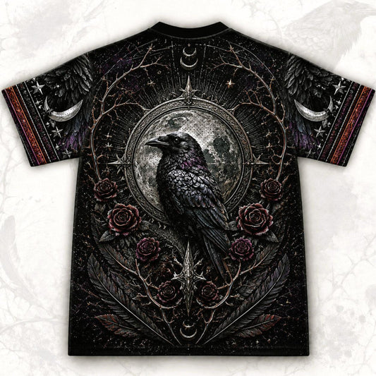 Raven Skull Candle T-Shirt Full Moon Pumpkin Gothic Samhain Tee back view