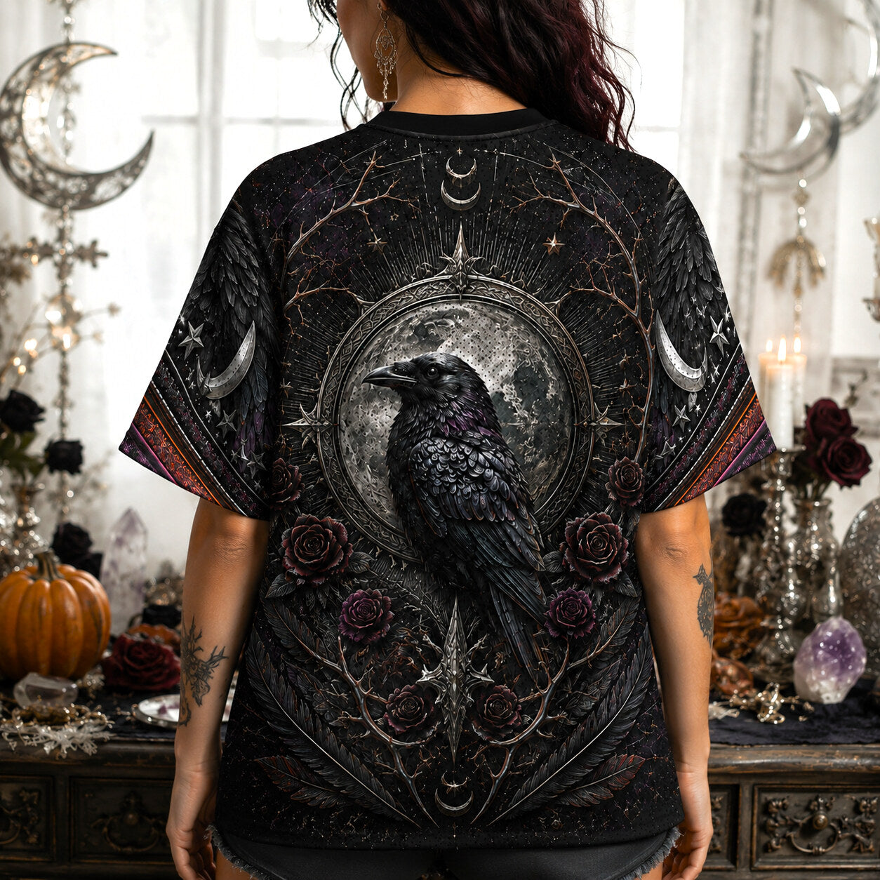 Raven Skull Candle T-Shirt Full Moon Pumpkin Gothic Samhain Tee worn, back view