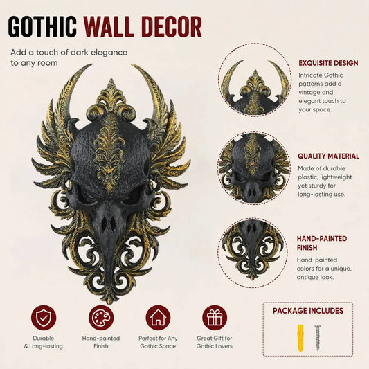 Raven skull wall plaque – scroll carved crow detail close-up