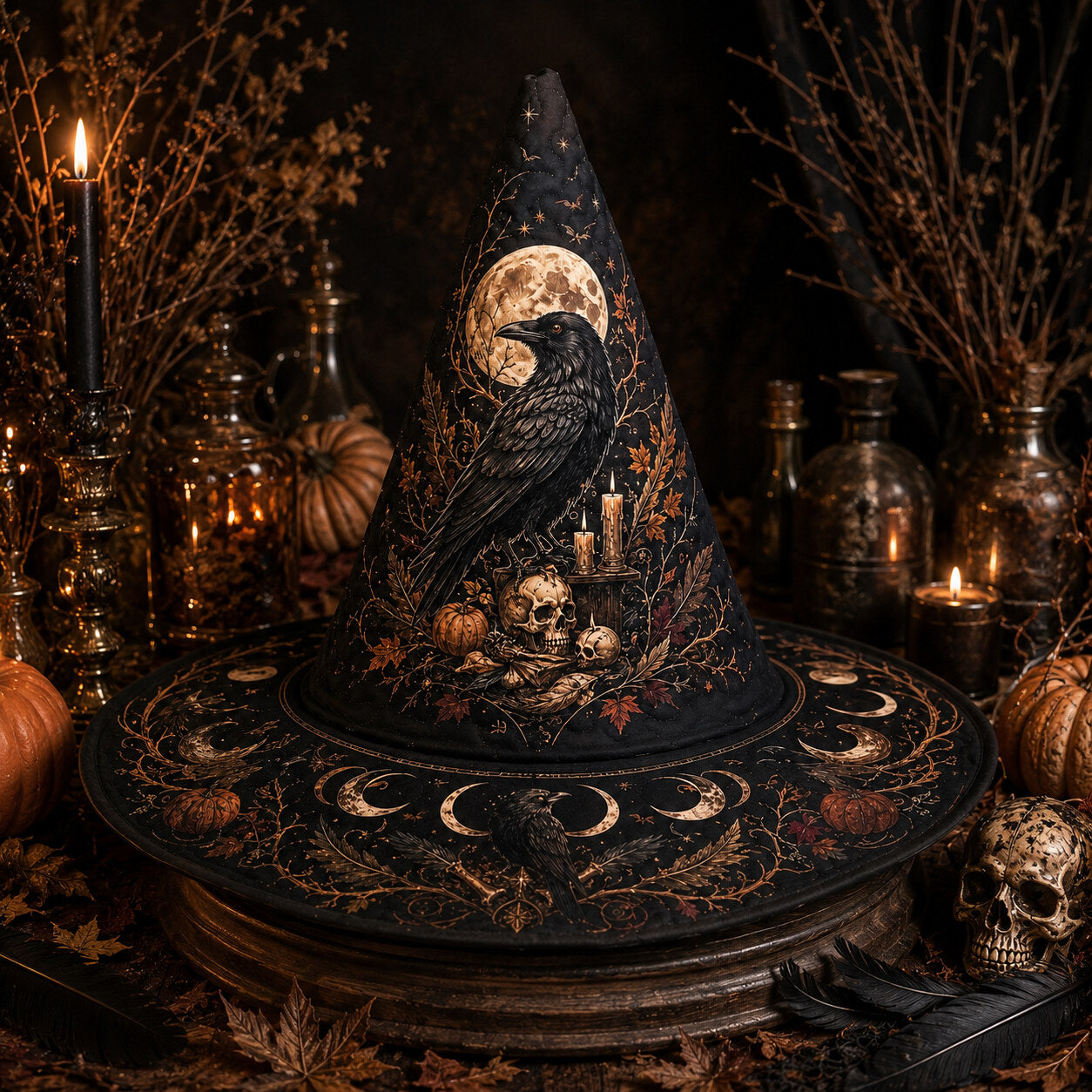 Raven Skull Witch Hat – Harvest Moon Samhain Occult Wide Brim Hat – held in both hands