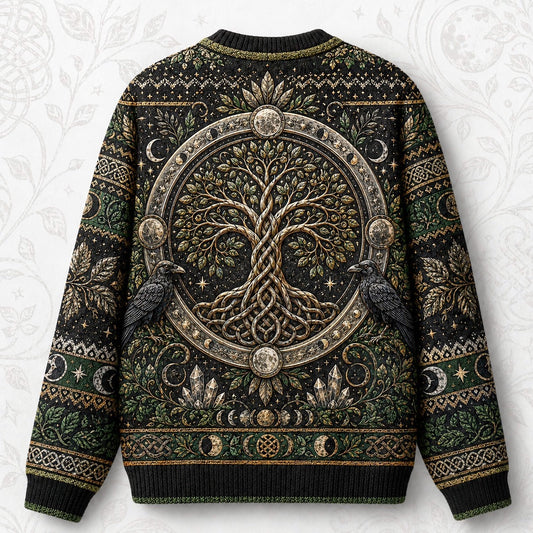 Raven Tree Of Life Sweater Full Moon Knotwork Green Knit back view