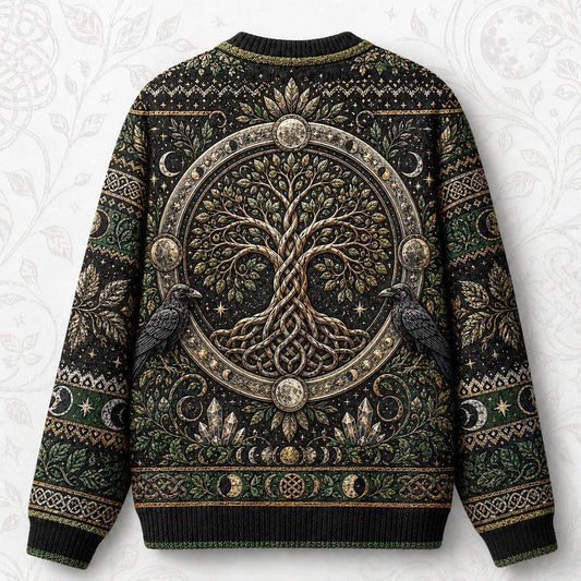 Raven Tree Of Life Sweater Full Moon Knotwork Green Knit back view