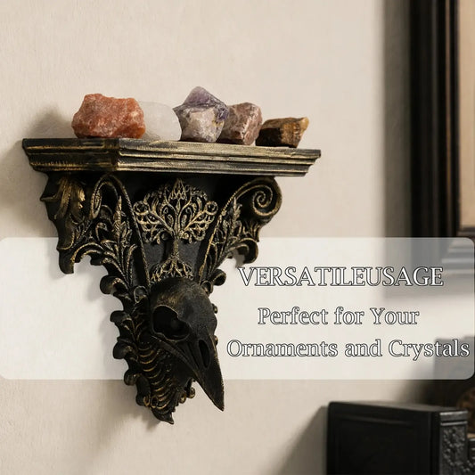 Gothic raven wall shelf – floating crystal display rack side view