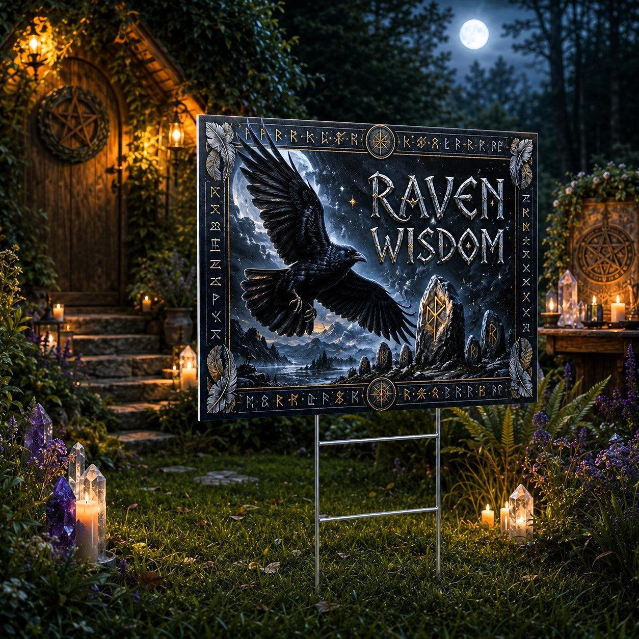 Raven Wisdom Black Raven Moon Wicca Yard Sign - close up detail