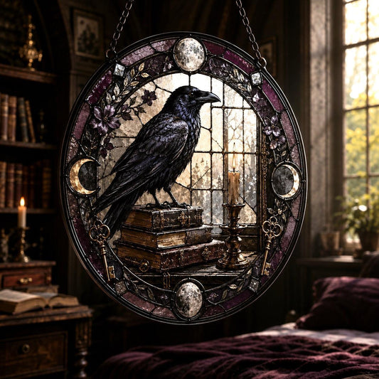 Raven and Old Books Glass Suncatcher - hanging view