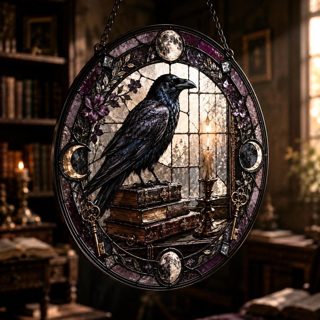 Raven and Old Books Glass Suncatcher - close up detail
