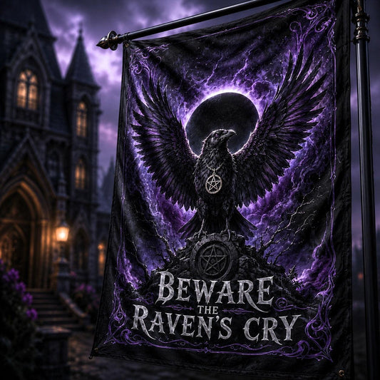 Raven of the Dark Moon house flag displayed outdoors on a garden flag stand