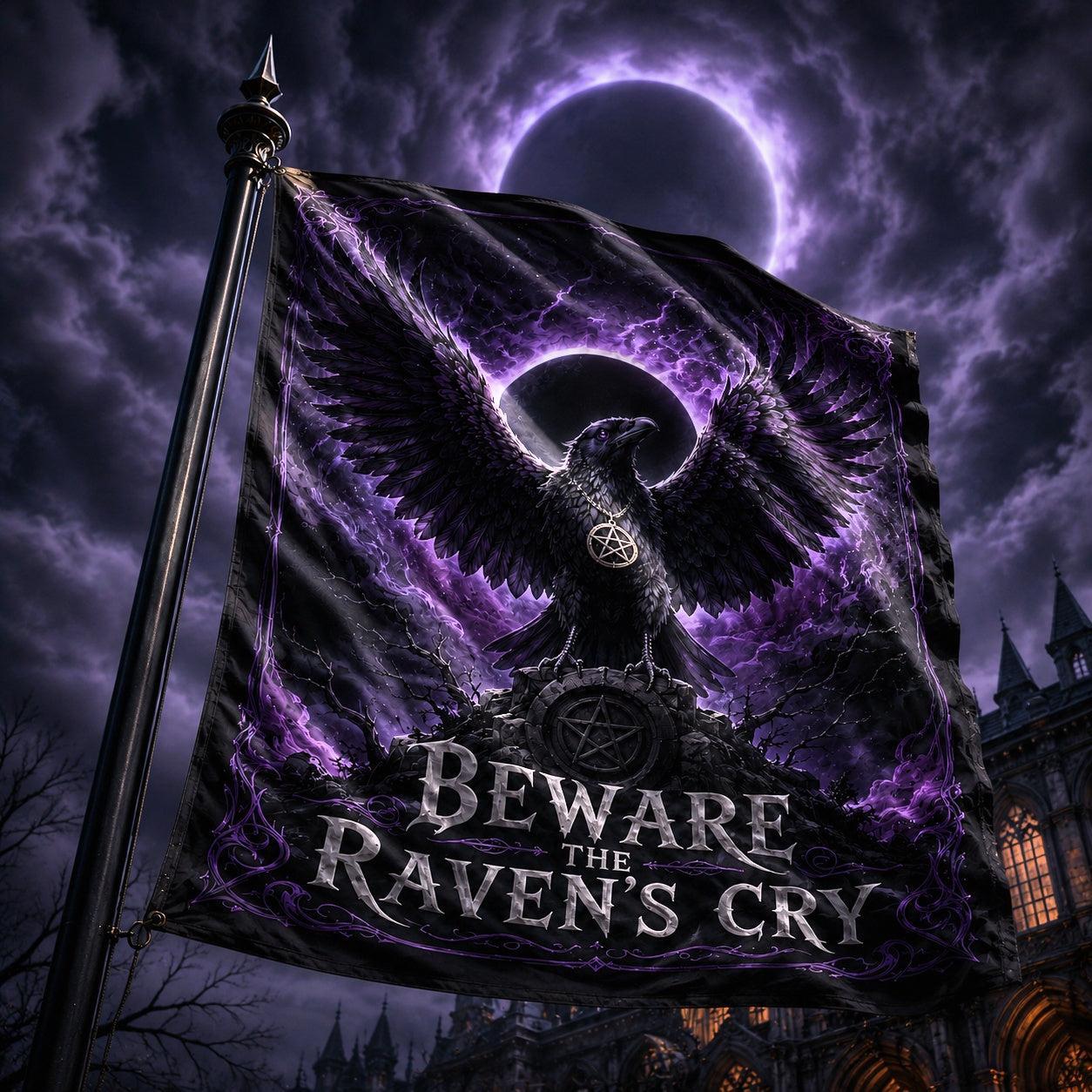 Raven of the Dark Moon house flag mockup hanging outdoors as pagan gothic decor