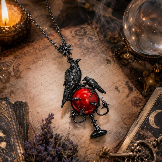 Pendant with two black birds on a red sphere on an old map with candles and a crystal ball.