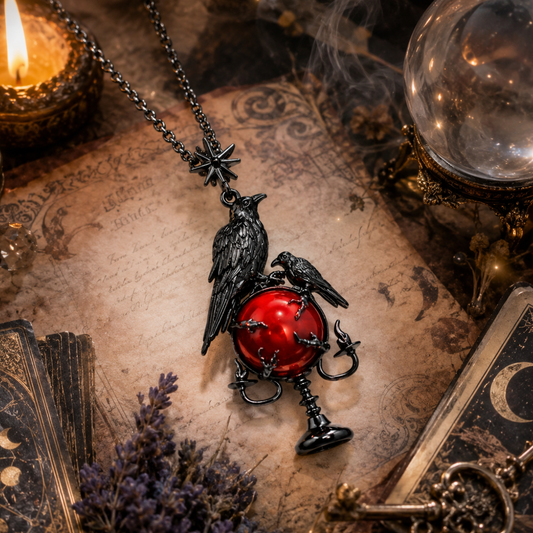 Pendant with two black birds on a red sphere on an old map with candles and a crystal ball.