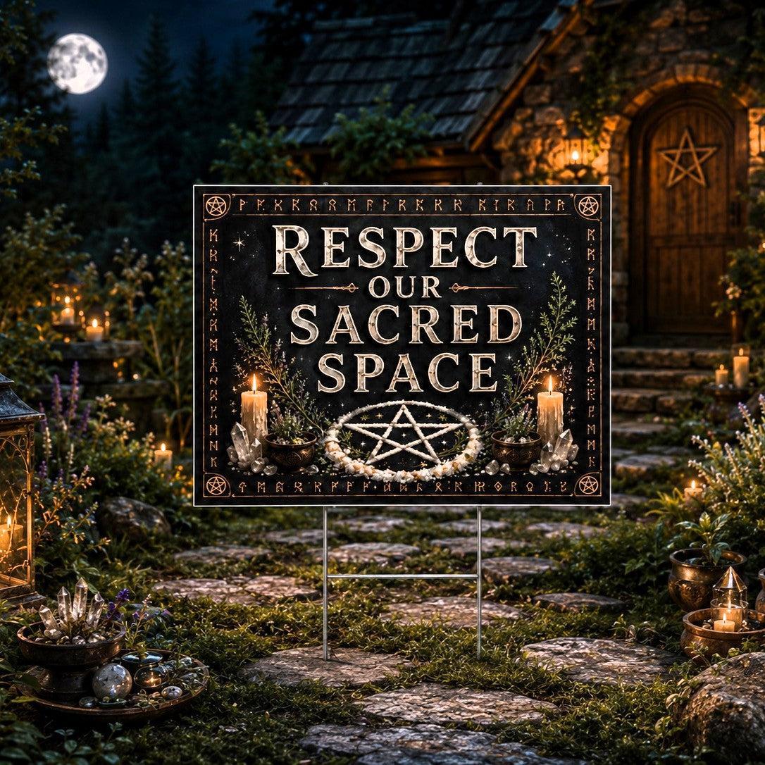 Respect Our Sacred Space Pentacle Pagan Yard Sign - porch scene