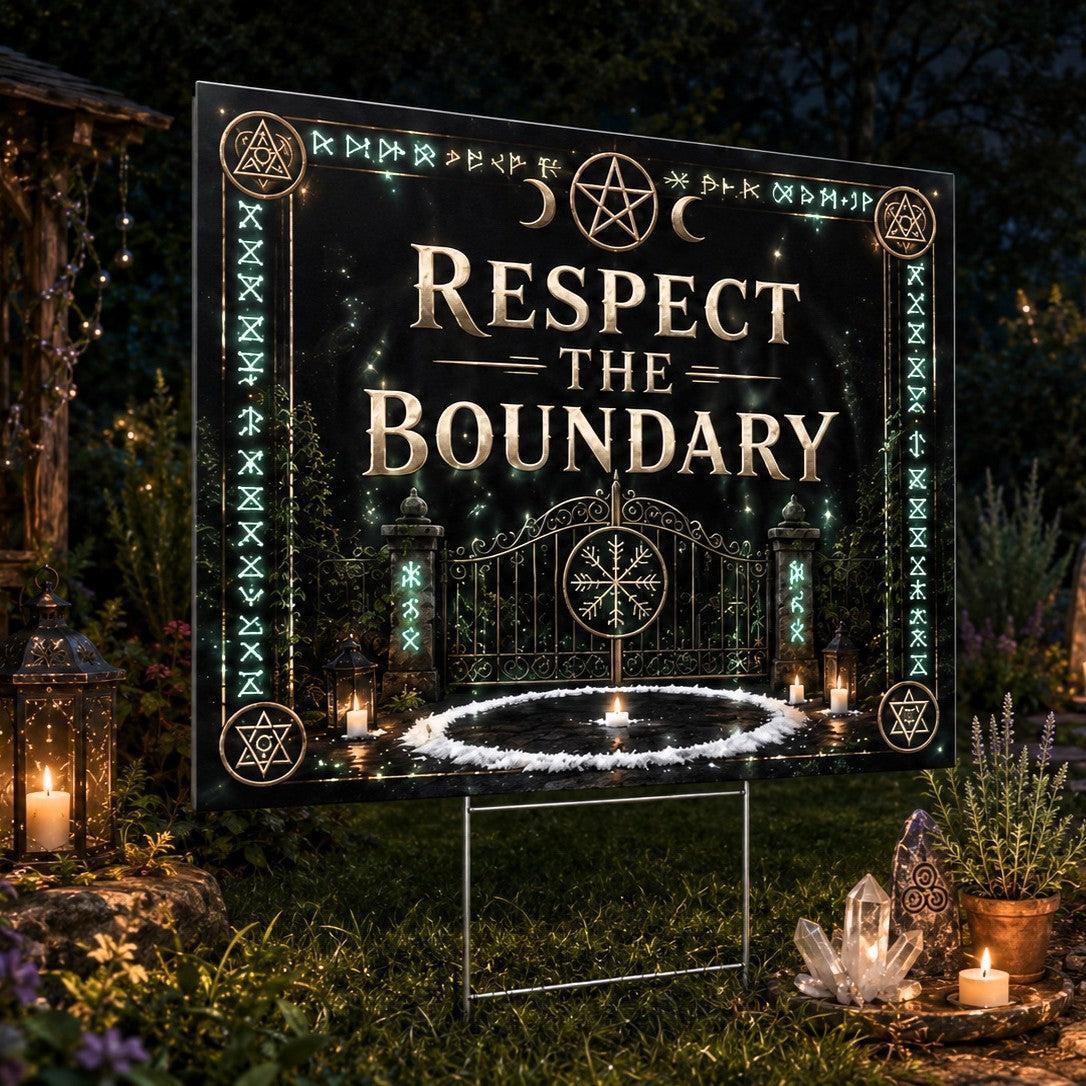 Respect the Boundary Gate Runes Wicca Yard Sign - close up detail