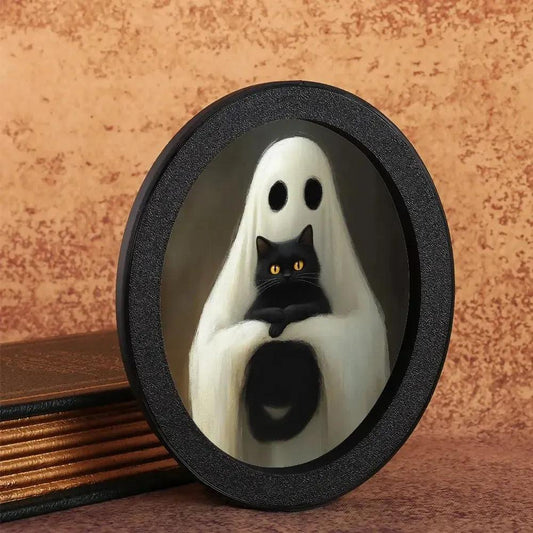 Retro Ghost and Black Cat Witchy Wooden Oval Frame - Gothic Oval Wall Art - Halloween Wall Decoration-MoonChildWorld