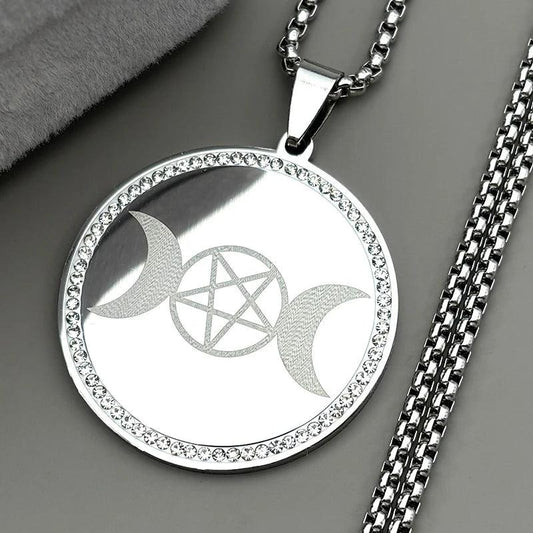 Rhinestone Triple Moon Pentagram Necklace Wicca Pagan Jewelry-MoonChildWorld