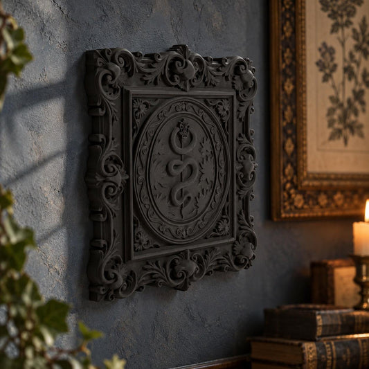 Rod of Asclepius Wall Plaque in a realistic witchy gothic setting, detailed product view with natural shine and contact shadows.