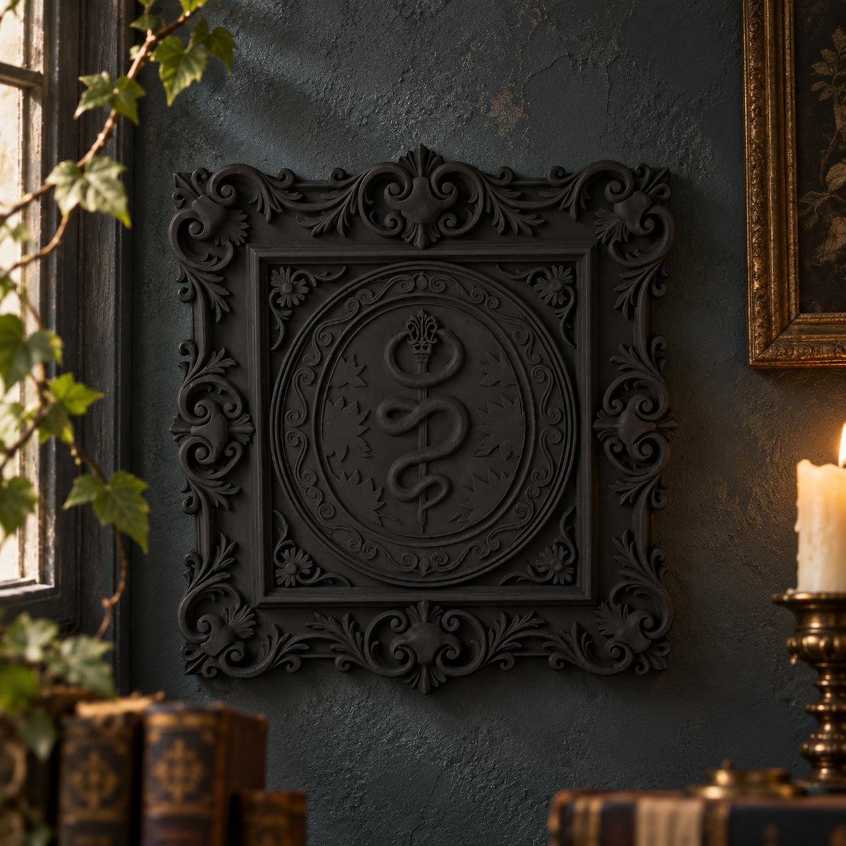 Rod of Asclepius Wall Plaque in a realistic witchy gothic setting, detailed product view with natural shine and contact shadows.