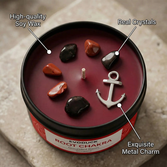 Root chakra candle with crystal and metal charm close-up