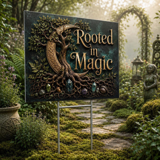Rooted in Magic Wicca Yard Sign - close up detail