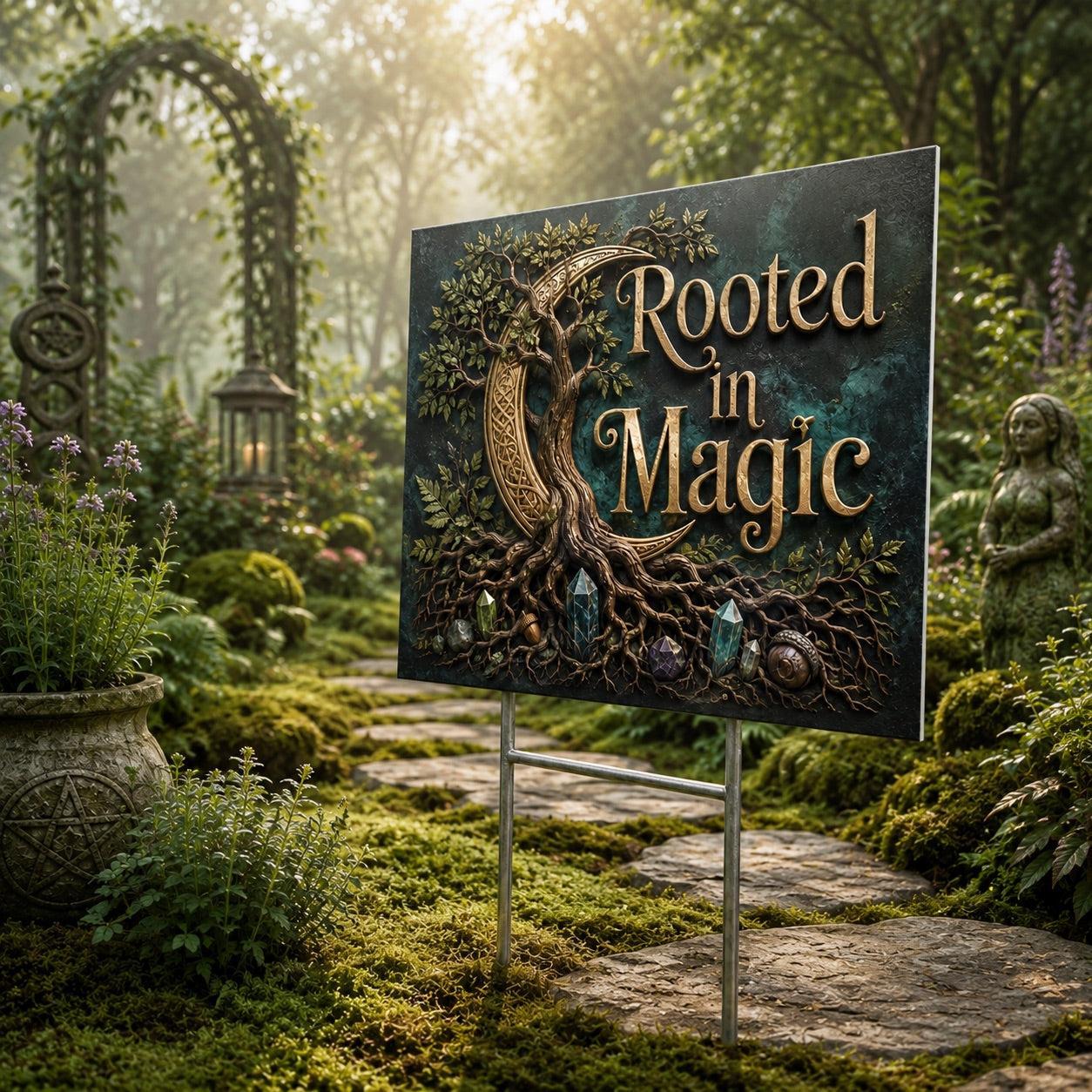 Rooted in Magic Wicca Yard Sign - porch scene
