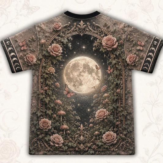 Rose Garden Moon Witch T-Shirt Black Cat Pink Cottage Tee back view
