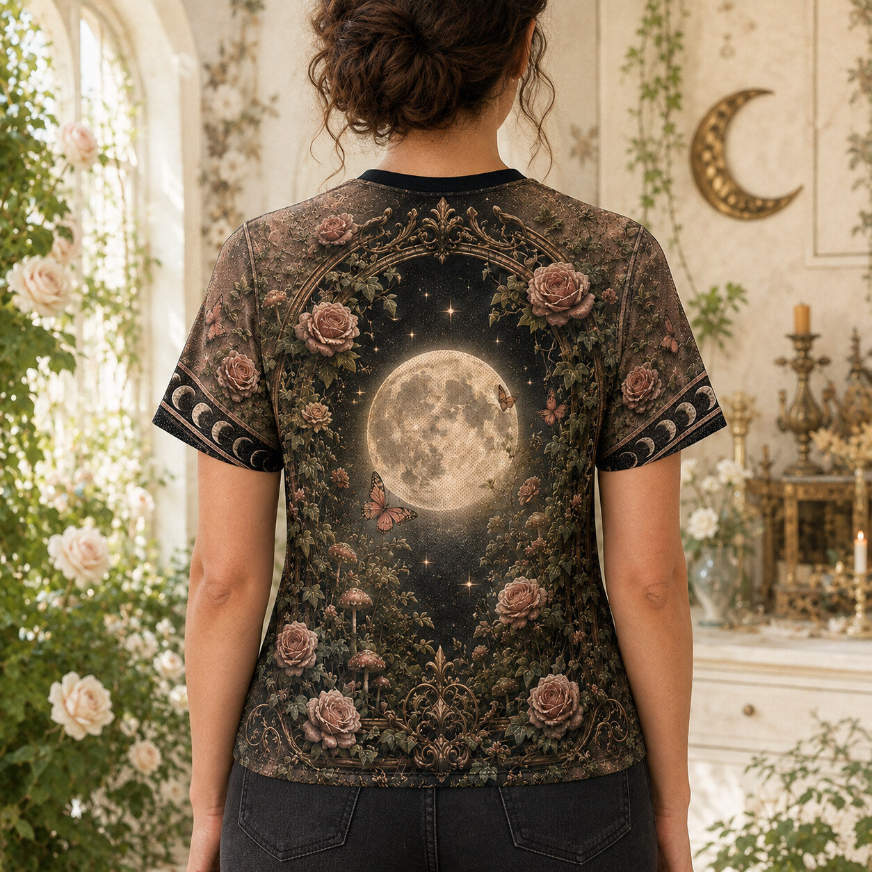 Rose Garden Moon Witch T-Shirt Black Cat Pink Cottage Tee worn, back view