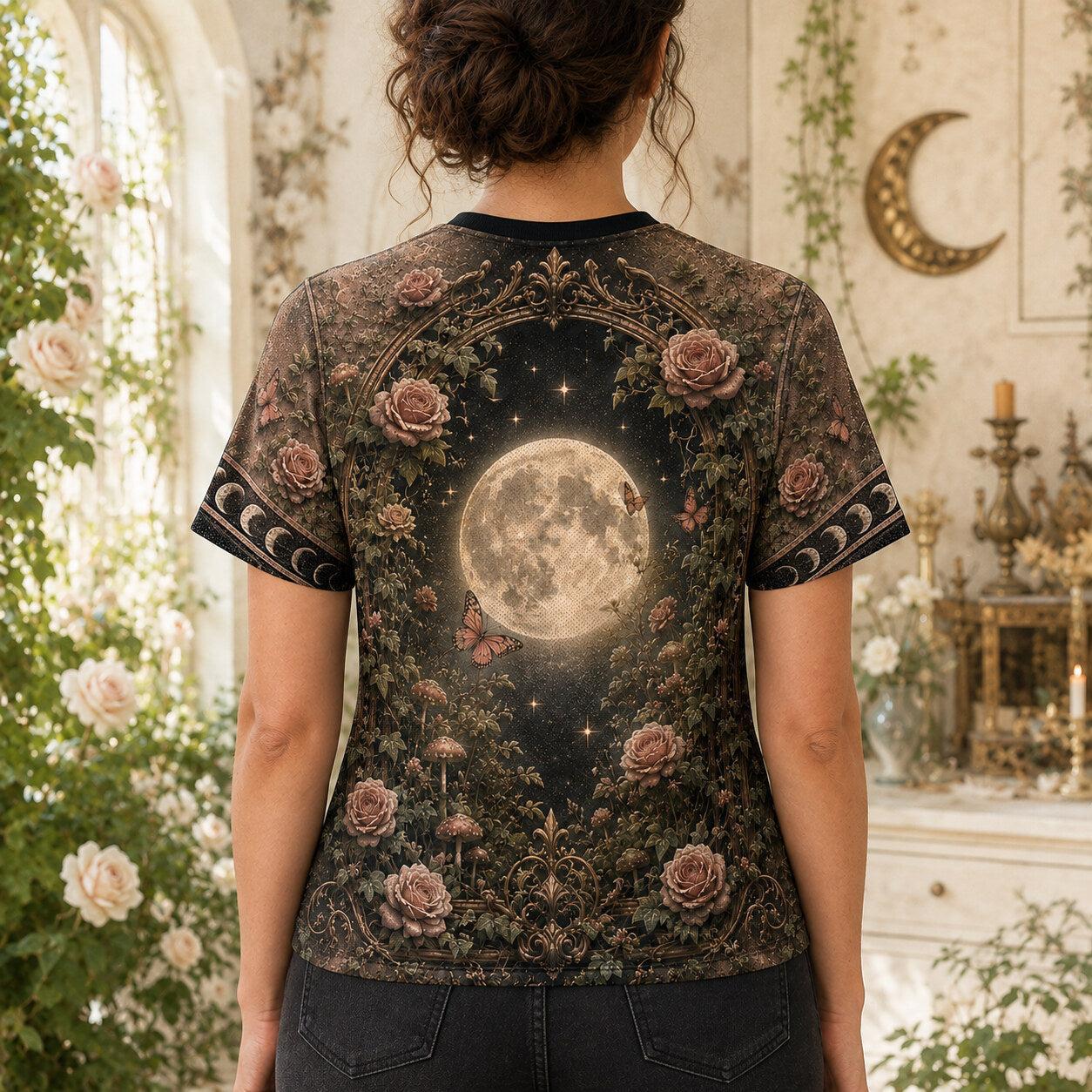Rose Garden Moon Witch T-Shirt Black Cat Pink Cottage Tee worn, back view
