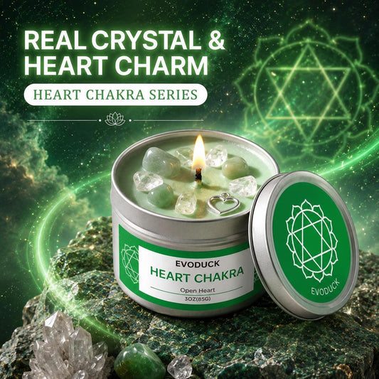 Heart chakra candle with embedded crystal close-up