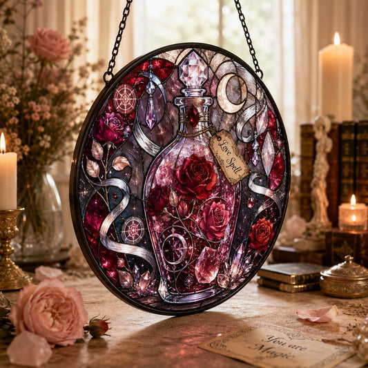 Rose Moon Love Spell Bottle Glass Suncatcher - hanging view