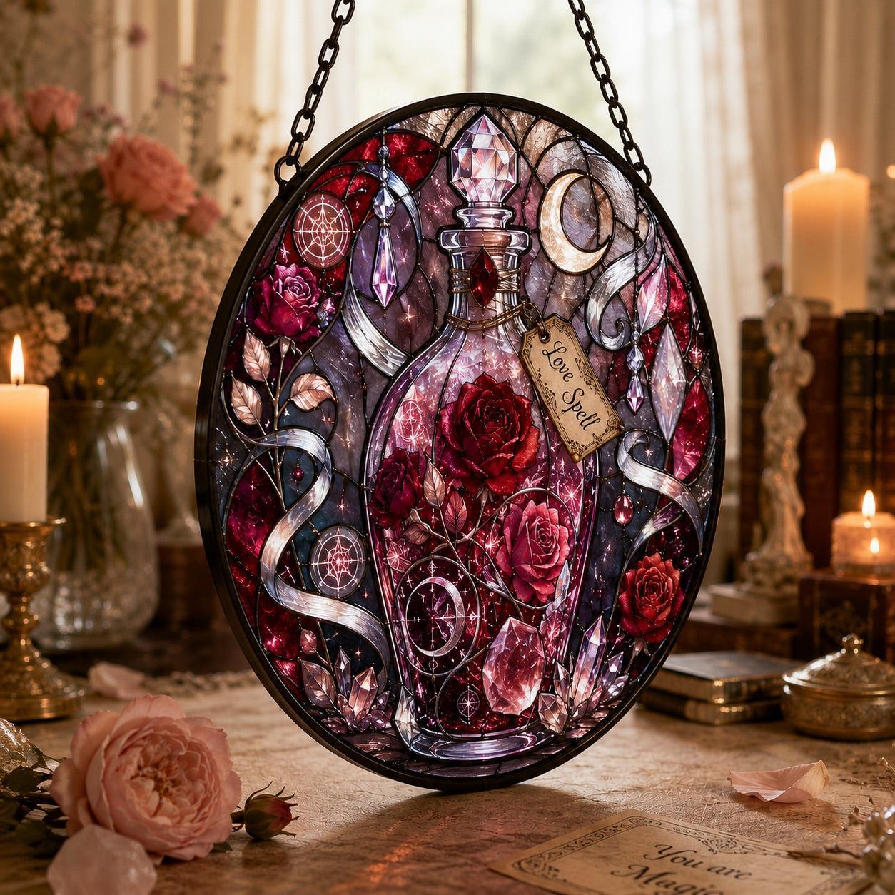 Rose Moon Love Spell Bottle Glass Suncatcher - close up detail