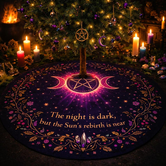 Dark purple velvet tree skirt with glowing Triple Moon and pentagram, "The night is dark..." text, and floral border.
