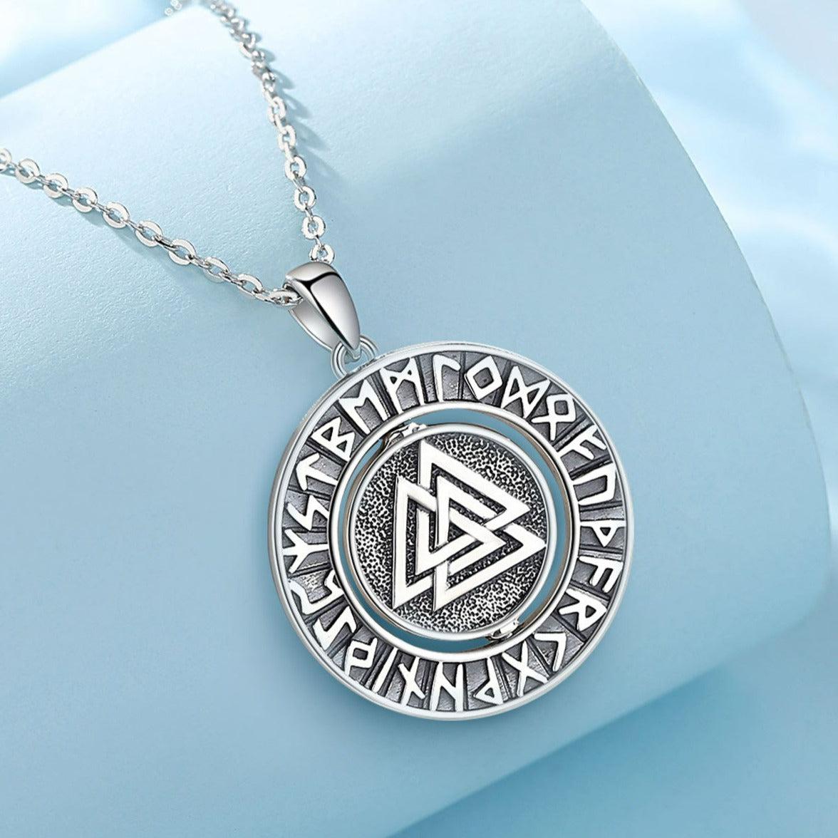 925 sterling silver Rotatable Viking Runes Norse Amulet Necklace with Valknut symbol.