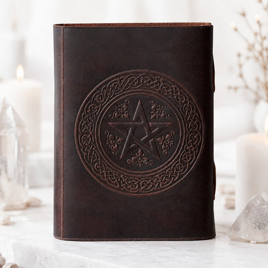 Round Pentagram Leather Journal – Handmade Wiccan Grimoire Multiple Sizes – leather journal, back cover view