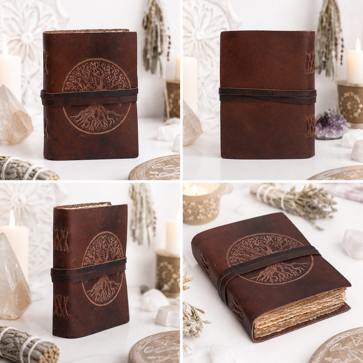 Round Tree of Life Leather Journal – Handmade Pagan Grimoire Strap Bound – leather journal, close-up cover detail