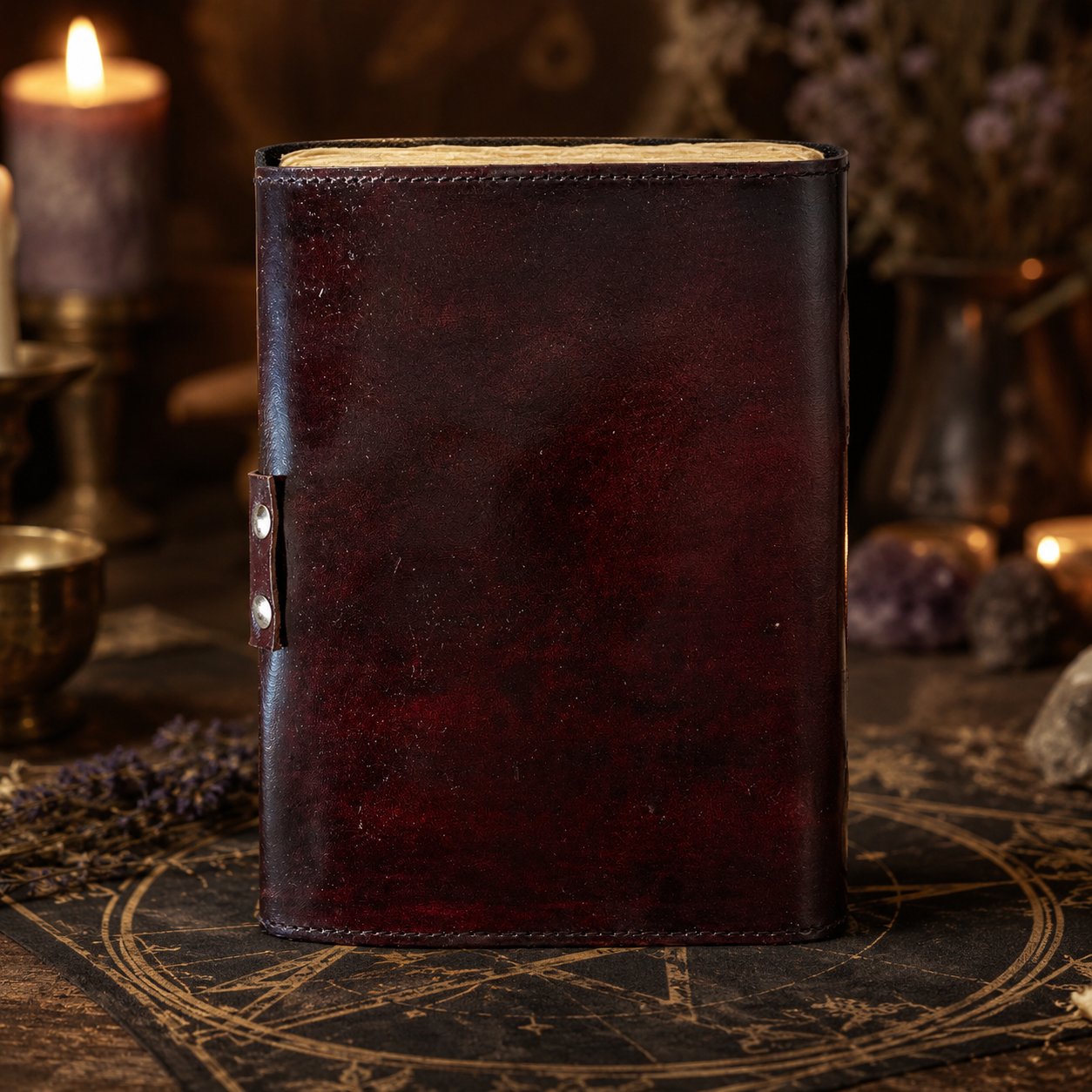 Round tree of life leather journal – vintage Pagan grimoire, deckle kraft pages, round cover, view 4