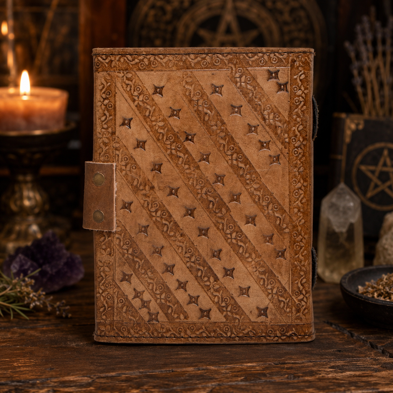Round tree of life leather journal with brass lock – handmade witch grimoire, white pages, view 4