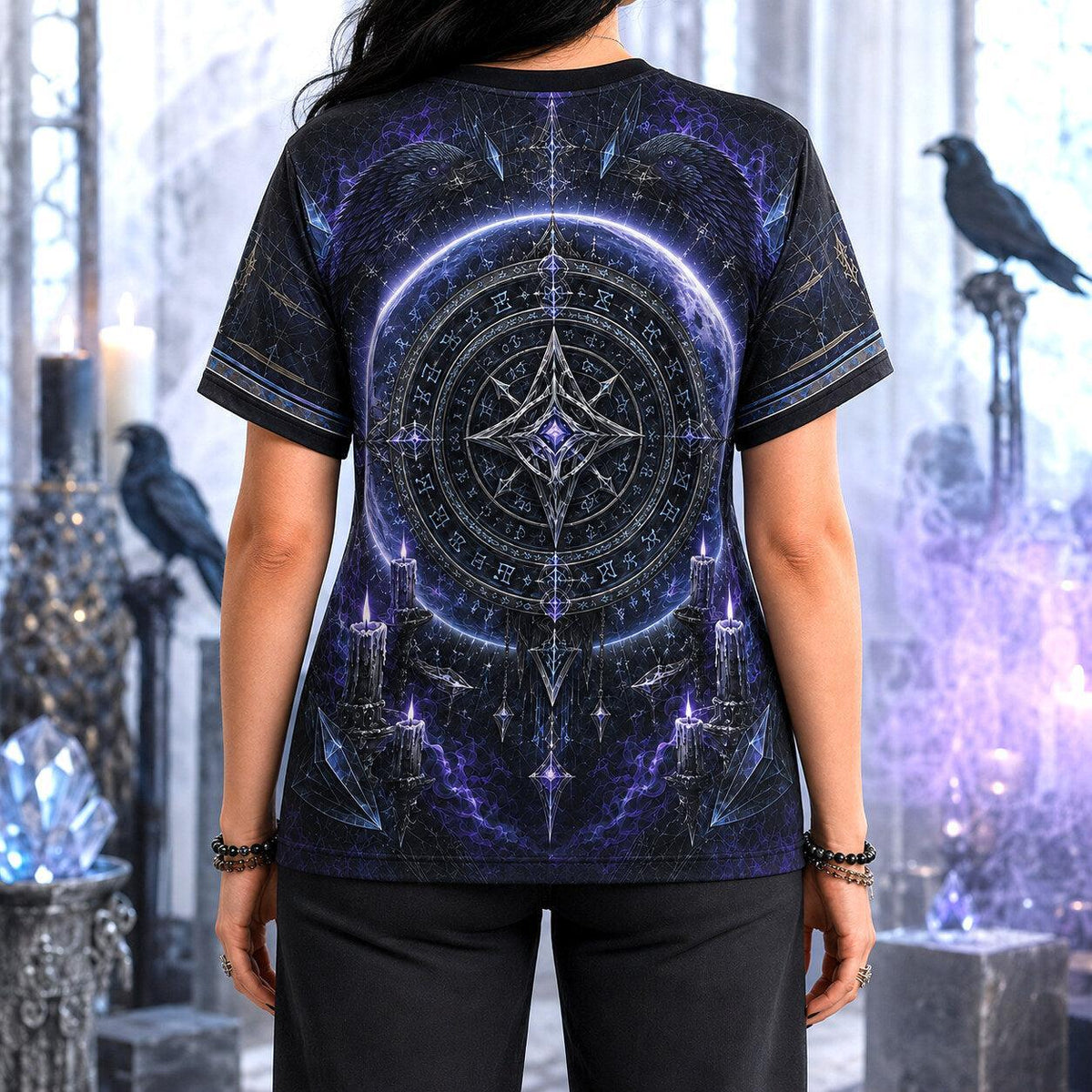 Runic Sigil Circle T-Shirt Raven Candle Cosmic Occult Tee worn, back view