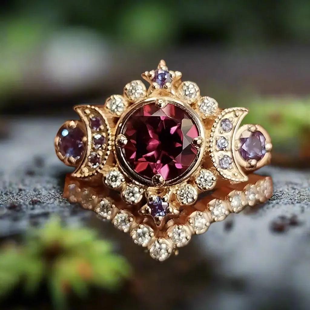 Red Crystal Wicca Star and Triple Moon Ring Pagan Jewelry-MoonChildWorld