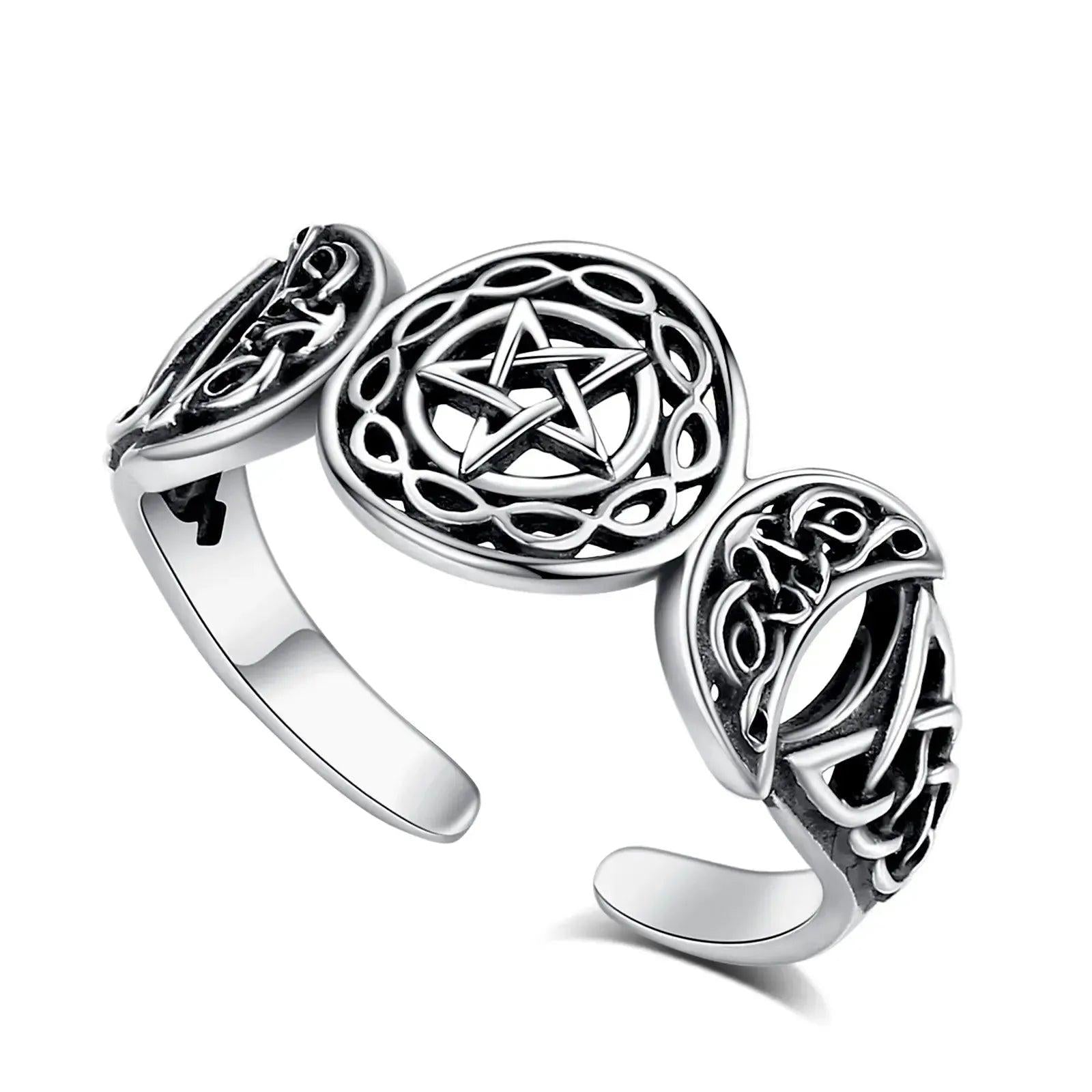 925 Sterling Silver Triple Moon Goddess Pentagram Ring Celtic Knot Adjustable Ring Wicca Pagan Jewelry-MoonChildWorld