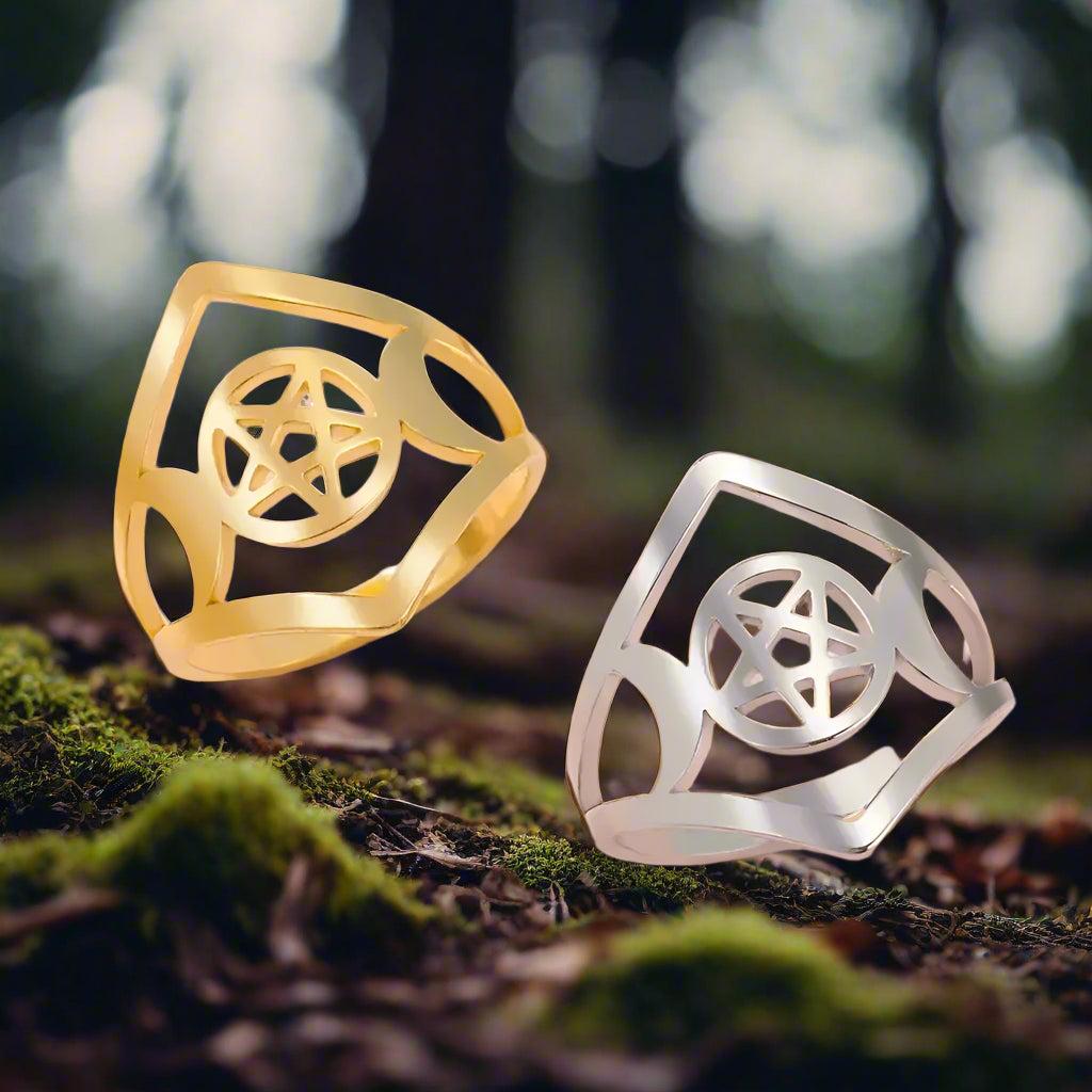 Triple Moon Goddess Ring Mythology Wicca Pentagram Ring Protection Witch Jewelry-MoonChildWorld