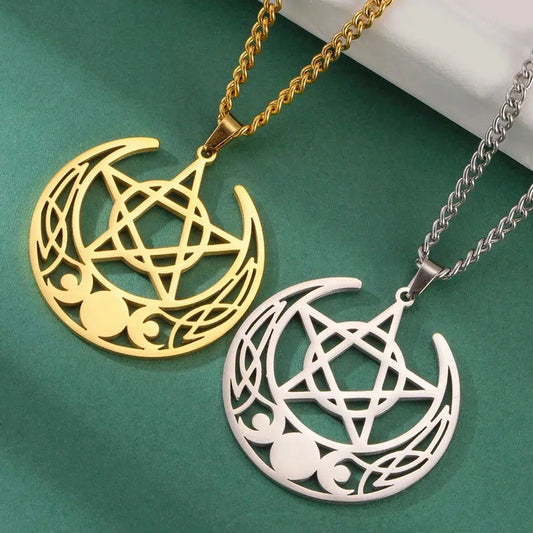 Triple Moon Goddess Necklace Crescent Moon Pentacle Witchcraft Jewelry-MoonChildWorld