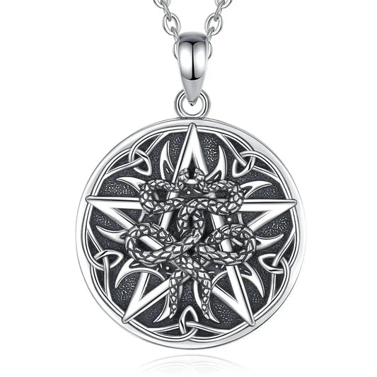 925 Sterling Silver Witchy Pentagram Snake Necklace Celtic knot Wicca Pagan Jewelry-MoonChildWorld