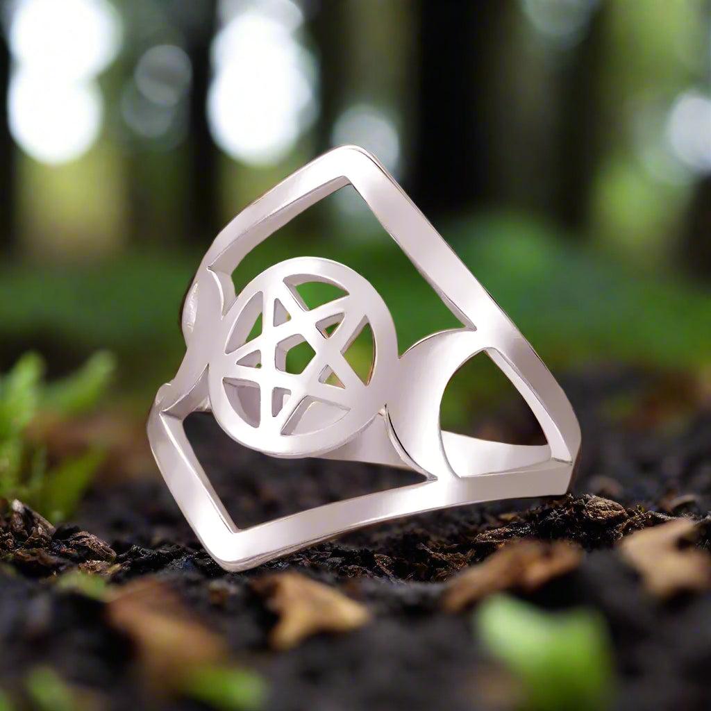 Triple Moon Goddess Ring Mythology Wicca Pentagram Ring Protection Witch Jewelry-MoonChildWorld
