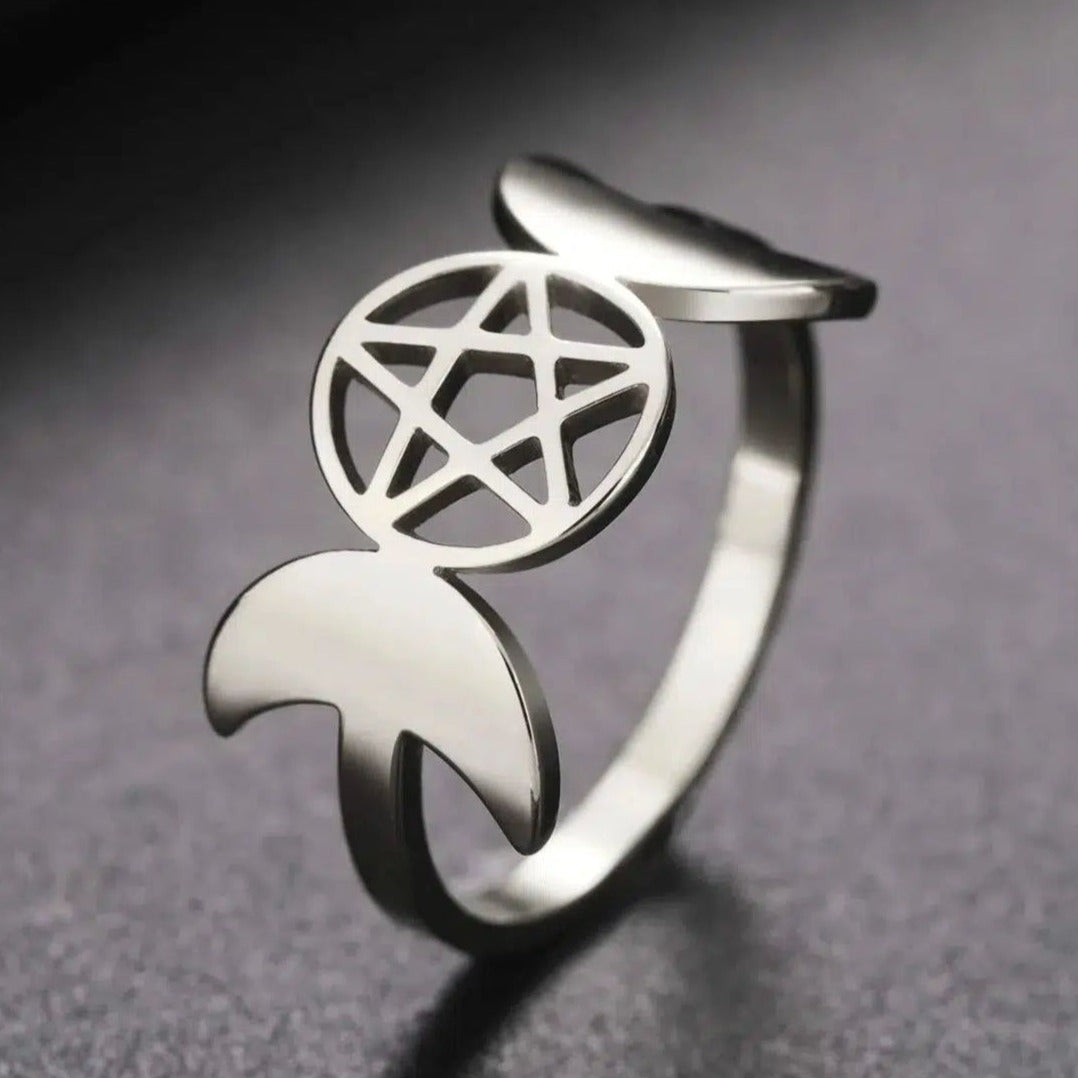 Pentacle Triple Moon Ring Wiccan Jewelry-MoonChildWorld