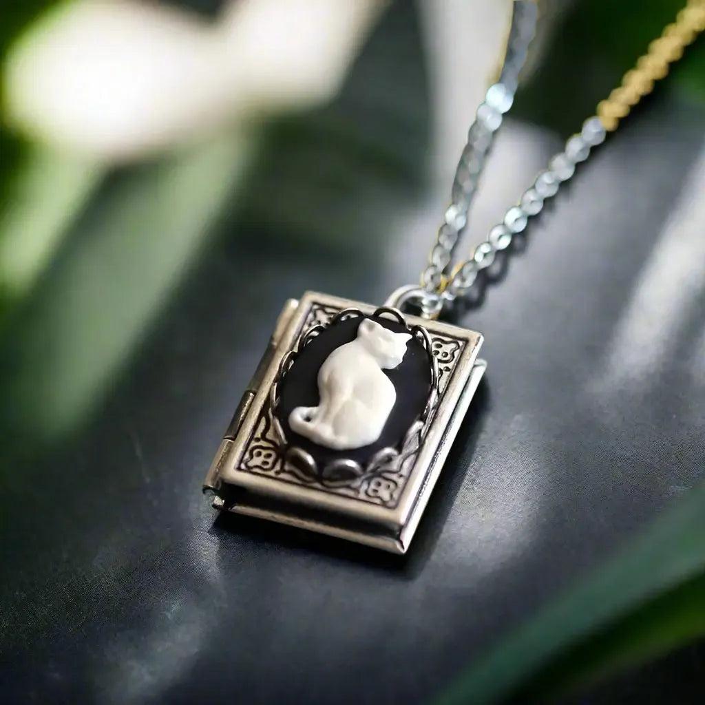 Halloween Gothic Cat Necklace - Wicca Book of Shadow Witchy Cat Goth Jewelry-MoonChildWorld