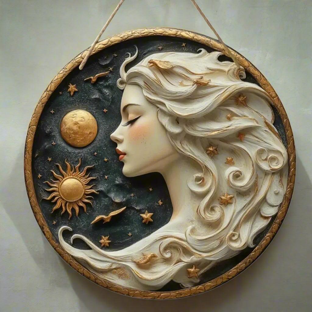 Wicca Sun and Moon Wooden Sign Celestial Goddess Hanging Sign Home Decor-MoonChildWorld