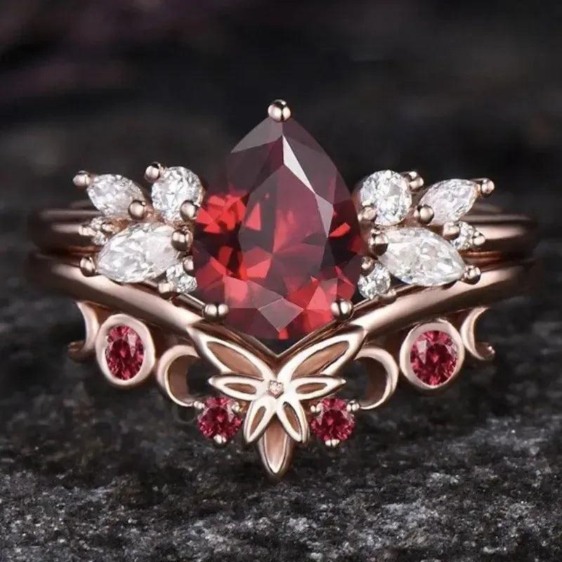 Red Zircon Crystal Celtic Knot Triple Moon Wiccan Ring Witch Jewelry-MoonChildWorld