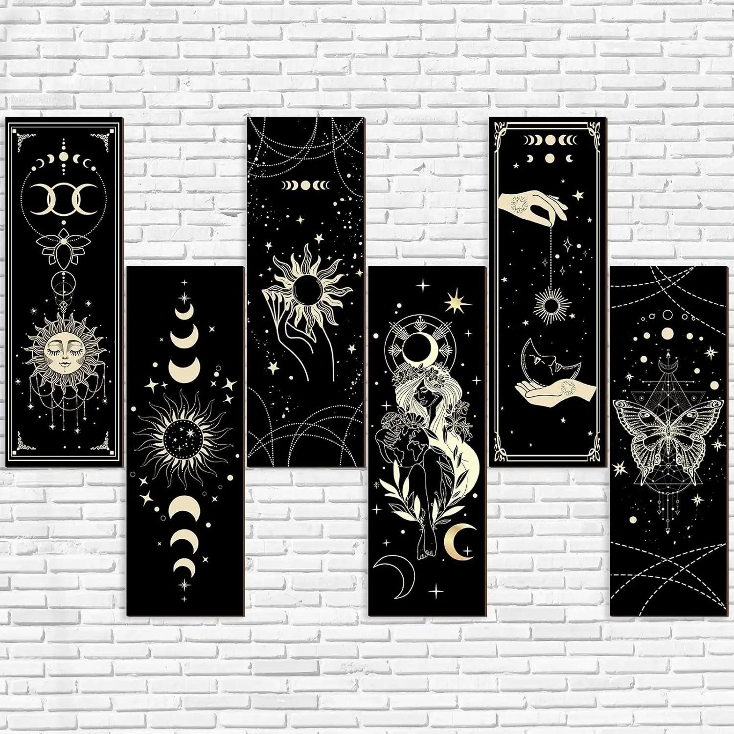 Boho Celestial Wall Decor Set 6Pcs - Wicca Sun Moon Phases Wooden Hanging Signs for Witch Home Decor-MoonChildWorld